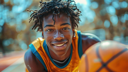 Portrait of young African American man playing basketball outdoors.の素材