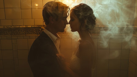 Wedding couple kissing in the bathroom at night. Wedding couple in loveの素材
