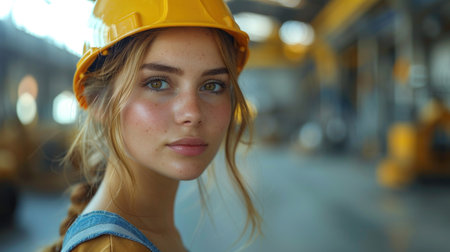 Portrait of a beautiful girl in a yellow helmet on a construction siteの素材