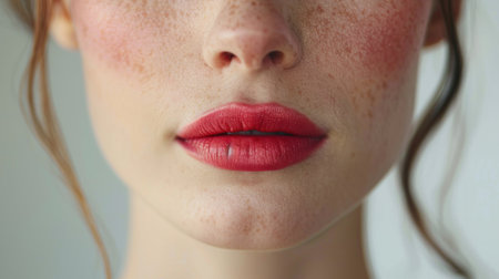 Close up of red lips of young woman with freckles.の素材