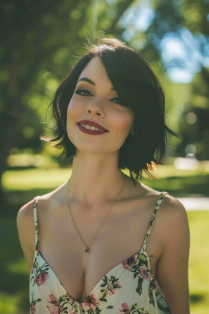 Pretty young brunette in a white dress in a park on a sunny dayの素材