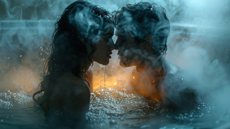 Young couple kissing in the water at night in the bathtub.の素材