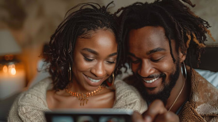 Close up of happy African American couple using digital tablet while lying on bed at homeの素材
