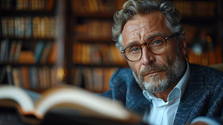 Portrait of senior man reading a book in library. Portrait of mature man in eyeglasses reading a book.の素材