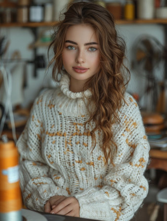 Portrait of a beautiful young woman in a white knitted sweater.の素材