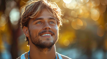 Close up portrait of a handsome young man smiling at the camera outdoorsの素材