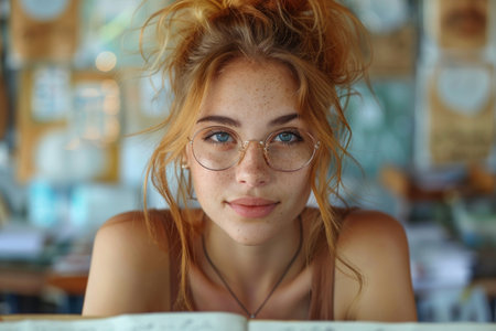 Portrait of a beautiful red-haired girl with freckles and glasses in a cafe.の素材