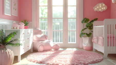 pink baby room interior with furniture and window.の素材