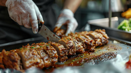 Chef cutting pork ribs on a plate in a restaurant kitchen.の素材
