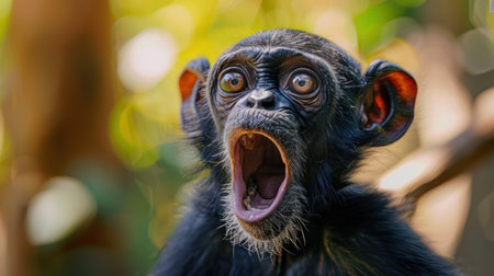 Chimpanzee monkey yawning with open mouth on green backgroundの素材