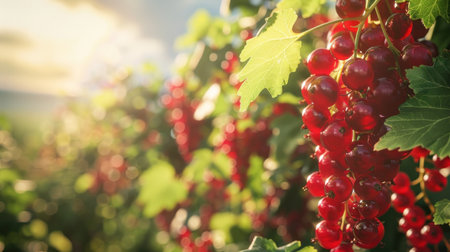 Ripe red currents on a branch in a vineyard.の素材