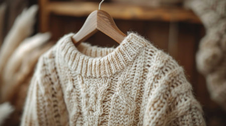 Beautiful knitted sweater hanging on wooden hanger, closeupの素材