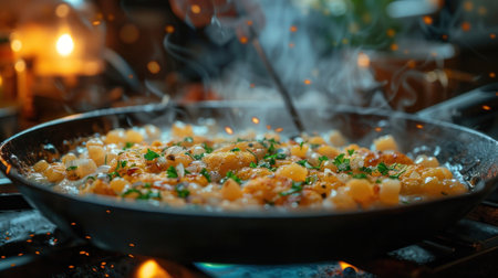 Fried potatoes in frying pan on fire in kitchen, closeupの素材