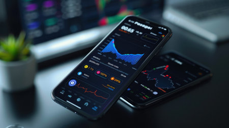 Smartphone with stock market chart on the screen.の素材