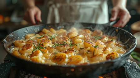 Chef cooking potatoes with rosemary in frying pan, closeupの素材