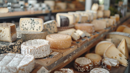Variety of cheese on display at a cheese market in France.の素材