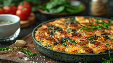 Baked spinach and cheese casserole in a plate on a wooden boardの素材