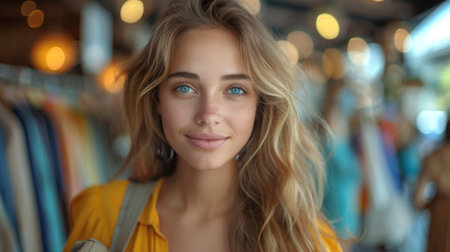 Portrait of a beautiful young woman in a cafe. Blurred background.の素材