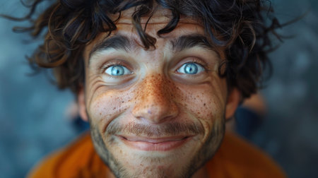 Close up portrait of young man with freckles on his faceの素材