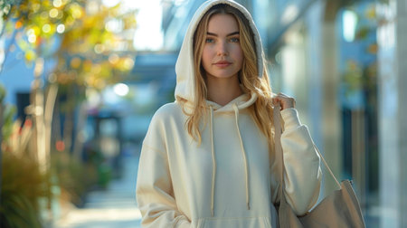 Portrait of a young woman in a white hoodie on the street.の素材
