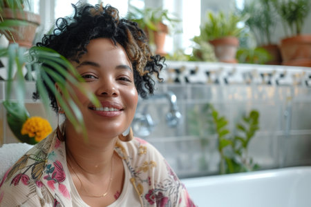 Portrait of smiling African American woman with curly hair in bathroomの素材