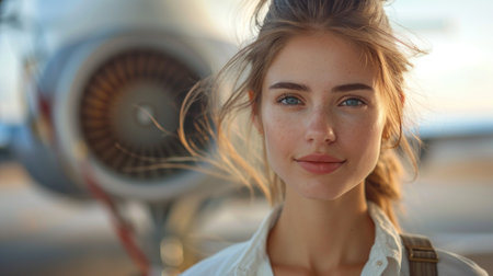 Portrait of a beautiful young woman standing in front of an airplaneの素材
