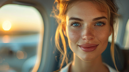 Close up portrait of a beautiful young woman looking at camera in a carの素材