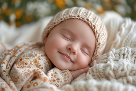 Cute newborn baby sleeping in knitted hat on bed, closeupの素材