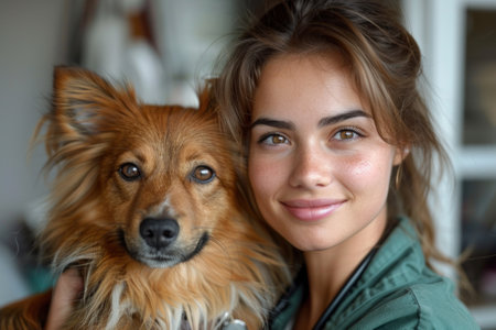 Portrait of a beautiful young woman with her dog at home.の素材