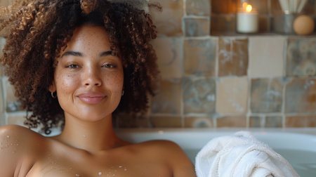 Beautiful African American woman with curly hair relaxing in bathtub.の素材