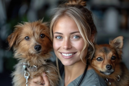 Portrait of a beautiful young woman with her dogs at home.の素材