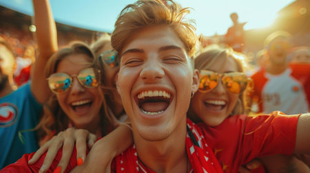 Cheerful young couple having fun at stadium during music festival.の素材