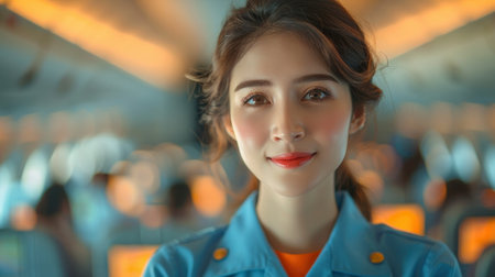 beautiful asian woman travel by airplane, she is happy and smileの素材