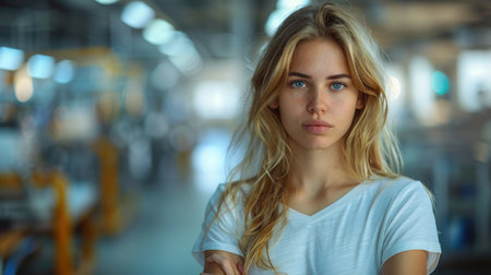 Portrait of a beautiful young woman in a train station. Blurred background.の素材