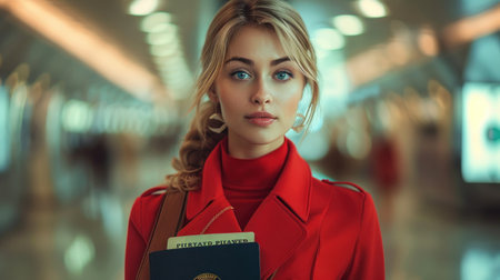 Portrait of beautiful young woman in red coat at the airport.の素材