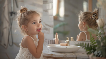 Beautiful little girl applying makeup in front of a mirror in the bathroomの素材