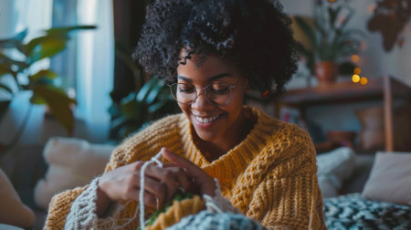Smiling african american woman knitting in living room at homeの素材