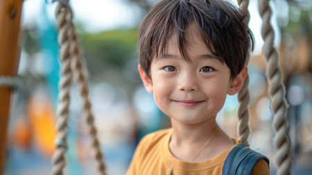 Portrait of Asian little boy smiling and playing on the playgroundの素材