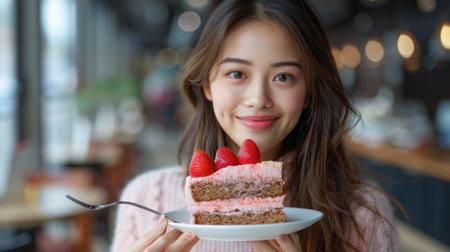 Beautiful young Asian woman holding strawberry cake in coffee shop.の素材