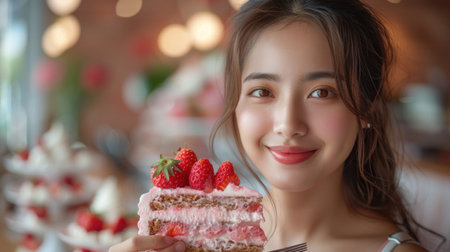 Beautiful asian woman holding strawberry cake and smile in coffee shopの素材