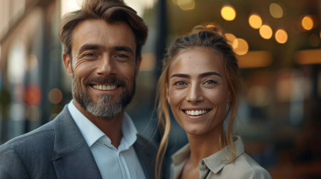 Portrait of a smiling business couple standing in a coffee shop together.の素材