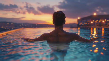 Young woman relaxing in swimming pool at sunset or sunrise, rear viewの素材