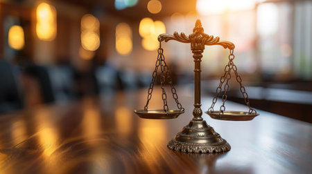 Scales of justice on wooden table. Law and justice concept.の素材