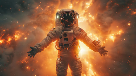 Astronaut in space against the background of a burning planet.の素材