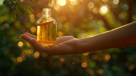 Female hand holding bottle of essential oil on blurred background, closeupの素材