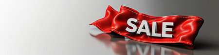 Red ribbon with the word SALE on gray background.の素材