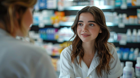 Portrait of young female pharmacist standing in drugstore and looking at cameraの素材