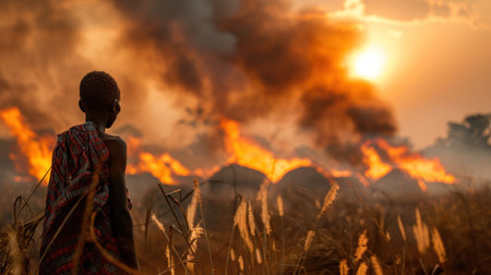 Rear view of a young African woman standing in a wheat field with a huge fire in the backgroundの素材
