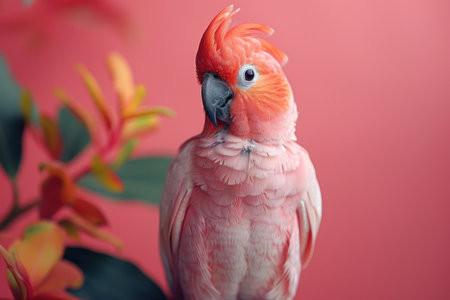 Cockatoo on a pink background with a tropical flower.の素材