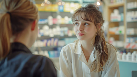 Pharmacist talking to customer in drugstore. Young female pharmacist helping customer in drugstore.の素材